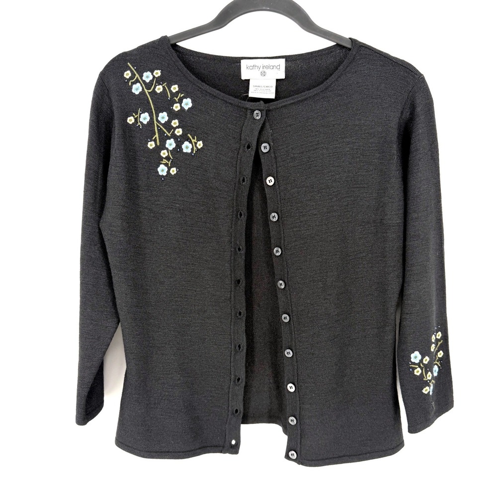 Kathy Ireland Cardigan Sweater Floral Embroidered S Black Silk Cottagecore
